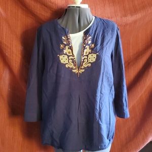 Blue 3/4 Sleeve Tunic with Embroidering
